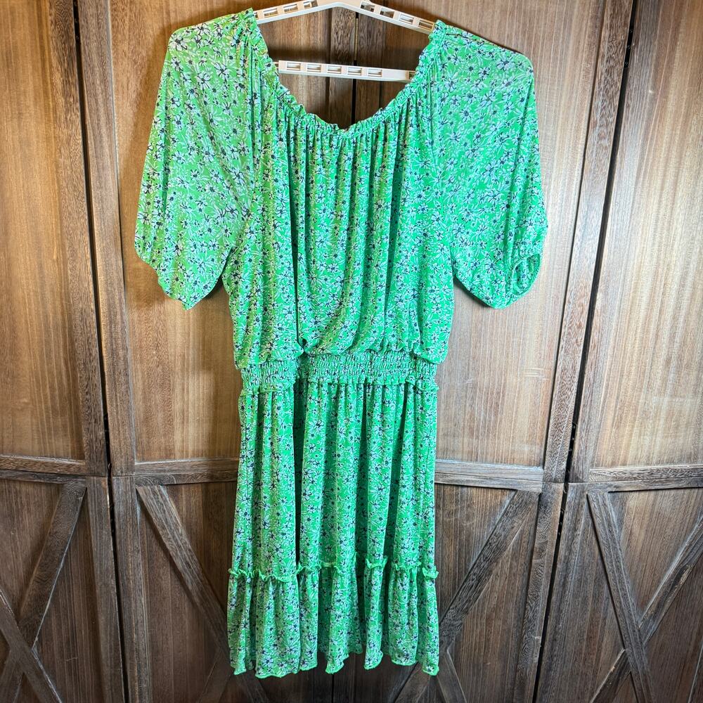 Womens Green Floral Midi Dress Puff Sleeve Smocked Cottagecore Boho